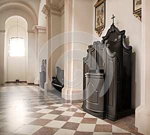 Berdichev, Ukraine. 2023. Cathedral of the Discalced Carmelites. Ð¡onfessional cabinet