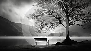 Bereaved Absence: Grandiose Black And White Landscape With Tree, Bench, And Mist