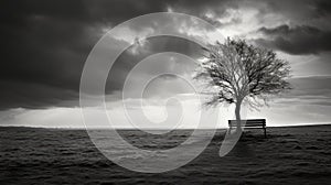 Bereaved Absence: A Moody Black And White Landscape With A Lone Tree And Bench