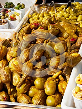 Berenjenas de Almagro eggplant in a stall of a market. photo