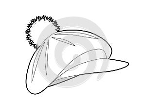 Beret with a pompom and a visor. Isolated outline black and white drawing