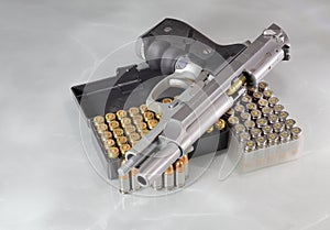 Beretta 92FS or M9 hand gun open slide and pack of bullets 9mm parabellum