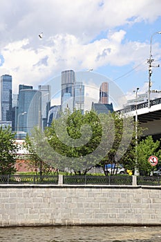 Berezhkovskaya embankment and Berezhkovsky bridge against the background of Moscow City buildings, May 2021