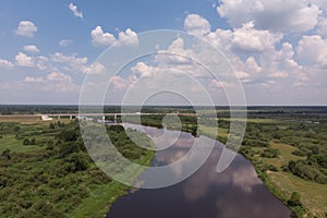 Berezina river and bridge over the river from a bird`s eye view