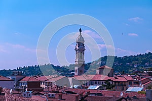 Bergamo - Aerial view of historic medieval city of Bergamo and church Chiesa di Sant Alessandro della Croce