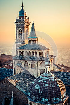 Bergamo Alta old town at sunset - S.Maria Maggiore Piazza Vecchia - Lombardy Italy