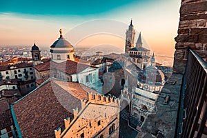 Bergamo city view from the old civic tower at sunset Beautiful Italy travel destination