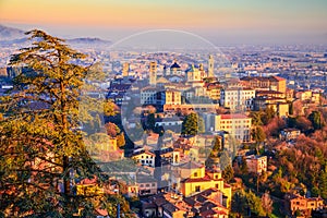 Bergamo, Italy - Aerial view of Citta Alta, twilight beautiful historical town in Lombardy