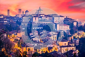 Bergamo, Italy - Aerial view of Citta Alta, twilight beautiful historical town in Lombardy