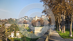 Bergamo, Italy. Amazing landscape at the ancient walls of the old city upper town. The Venetian wall an Unesco World Heritage