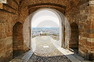 Bergamo, Italy - August 18, 2017: Bergamo view from the Porta di San Giacomo in Citt Alta.