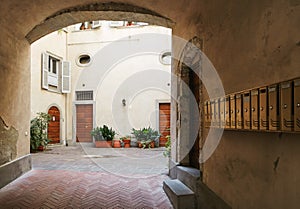 Bergamo, Italy - August 18, 2017: Patio of the old apartment building.