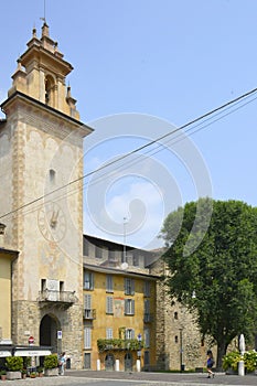 Old town Cittadella viscontea museum. Bell tower with street clock and old buildings