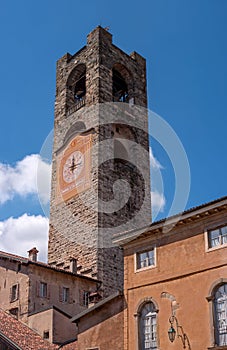 Bergamo, Italy - May 10, 2018: Bell tower, clock tower. Ancient architecture of Old town or Upper City in Bergamo
