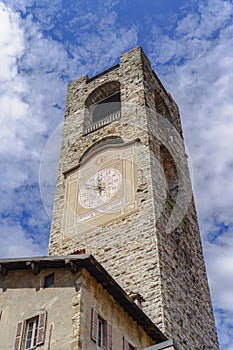 Bergamo, Italy Old Town civic tower with clock.