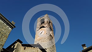 Bergamo, Italy. The old town. Landscape at the clock tower called Il Campanone. It is located in the main square of the upper town