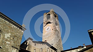 Bergamo, Italy. The old town. Landscape at the clock tower called Il Campanone. It is located in the main square of the upper town