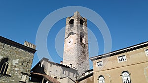 Bergamo, Italy. The old town. Landscape at the clock tower called Il Campanone. It is located in the main square of the upper town