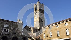 Bergamo, Italy. The old town. Landscape at the clock tower called Il Campanone. It is located in the main square of the upper town