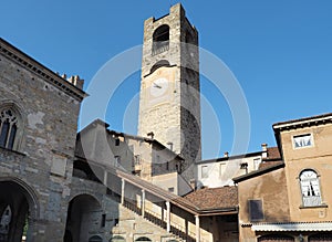 Bergamo, Italy. The old town. Landscape at the clock tower called Il Campanone. It is located in the main square of the upper town