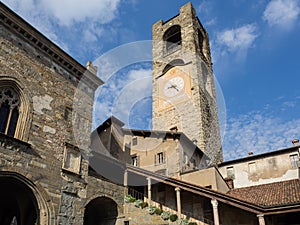 Bergamo, Italy. The old town. Landscape at the clock tower called Il Campanone. It is located in the main square of the upper town