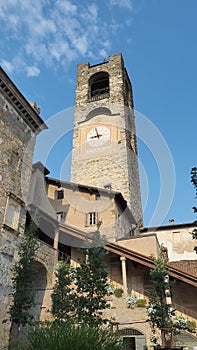 Bergamo, Italy. The old town. Landscape at the clock tower called Il Campanone. It is located in the main square of the upper town