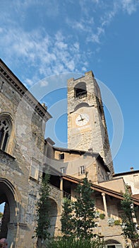 Bergamo, Italy. The old town. Landscape at the clock tower called Il Campanone. It is located in the main square of the upper town