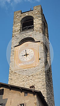 Bergamo, Italy. The old town. Landscape at the clock tower called Il Campanone. It is located in the main square of the upper town