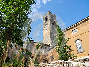 Bergamo, Italy. The old town. Landscape at the clock tower called Il Campanone. It is located in the main square of the upper town