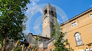 Bergamo, Italy. The old town. Landscape at the clock tower called Il Campanone. It is located in the main square of the upper town