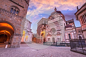 Bergamo, Italy - Piazza Duomo in the upper town, Citta Alta at dusk, beautiful historical town in Lombardy