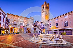 Bergamo, Italy - Piazza Vecchia in Citta Alta at dusk, beautiful historical town in Lombardy