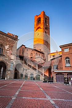 Bergamo, Italy - Piazza Vecchia in the upper town, Citta Alta at dusk, beautiful historical town in Lombardy