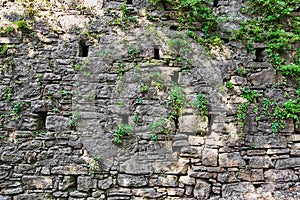 Bergamo, Italy. Stone wall old overgrown with green plants.