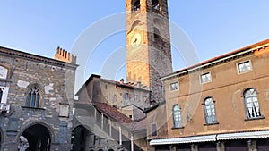 Bergamo Old city Citta Alta, Landscape on the the ancient Administration Headquarter called Palazzo della Ragione and the clock