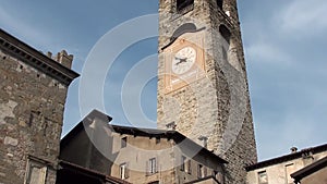 Bergamo - old city. Landscape on the the ancient Administration Headquarter called Palazzo della Ragione and the clock tower calle
