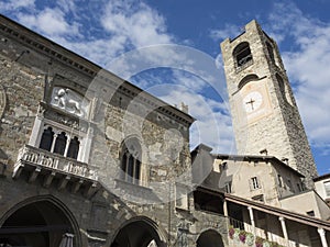 Bergamo - Old city. Landscape on the the ancient Administration Headquarter called Palazzo della Ragione and the clock tower calle