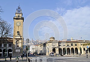 Bergamo old Italian town medieval buildings urban panorama beautiful tower cityscape blue sky clouds