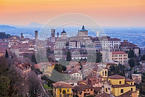 Bergamo Old Town, Lombardy, Italy, in dramatic sunrise light