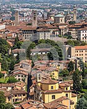 Bergamo old town viewed from San Vigilio hill, which offers an amazing view of the upper town