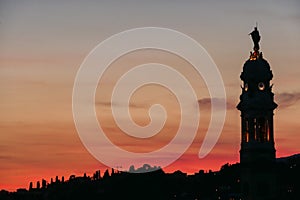 Bergamo - Scenic sunset view of tower of  church Chiesa di Sant Alessandro della Croce the town of Bergamo, Lombardy