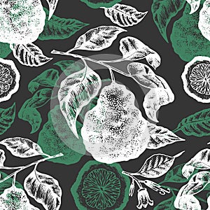 Bergamot branch seamless pattern. Hand drawn  fruit illustration on chalk board. Engraved style. Vintage citrus background