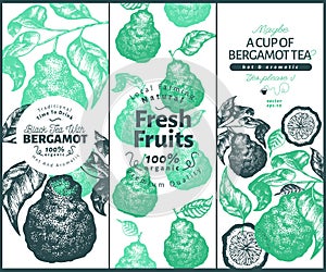 Bergamot design set template. Kaffir lime frame. Hand drawn vector fruit illustration. Engraved style vintage citrus background