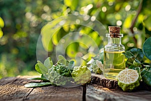 Bergamot essential oil in a glass bottle, surrounded by fresh bergamot fruit and leaves on a rustic wooden surface in a