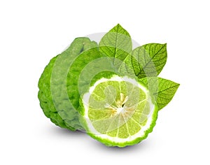 bergamot fruit or kaffir with green leaf isolated on white