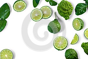 Bergamot or kaffir with slice and leaves isolated on white background