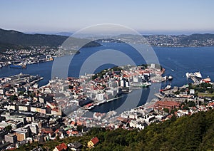 Bergen aerial  view from Mount Floyen viewpoint. Bergen is a city and municipality in Hordaland, Norway