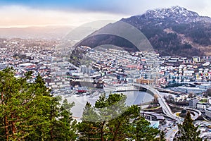 Bergen city centre viewpoint from Mt Floyen at end of winter season of Norway.