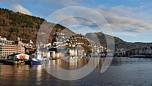 Bergen city and harbour from Osterfjord in Norway in Autumn