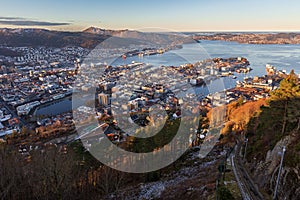 Bergen city and northern fjord view from Mount Floyen in autumn morning